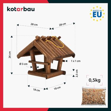 KOTARBAU® годівниця для птахів з натурального дерева, мала, темно-коричнева, підвісна, з 0,5 кг корму у подарунок