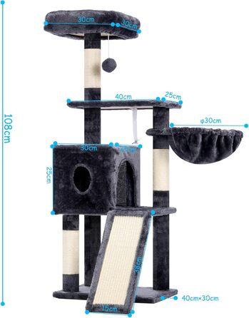 Котячий будиночок Hey-brother Kratzbaum 108 см: багатоярусний котячий комплекс з когтеточками, будиночком, гамаком та іграшками, кольори: рудий/чорний, MPJ007SBR (димно-сірий)