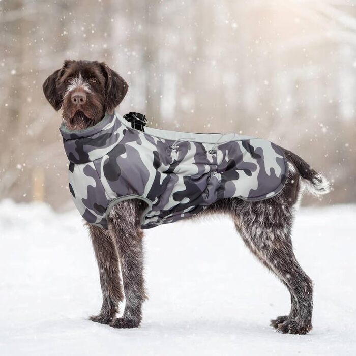Водонепроникний теплий зимовий одяг для собак - куртка з отвором для шлейки, з відбиваючими смугами, для малих, середніх та великих собак, колір: сірий камуфляж, розмір: S