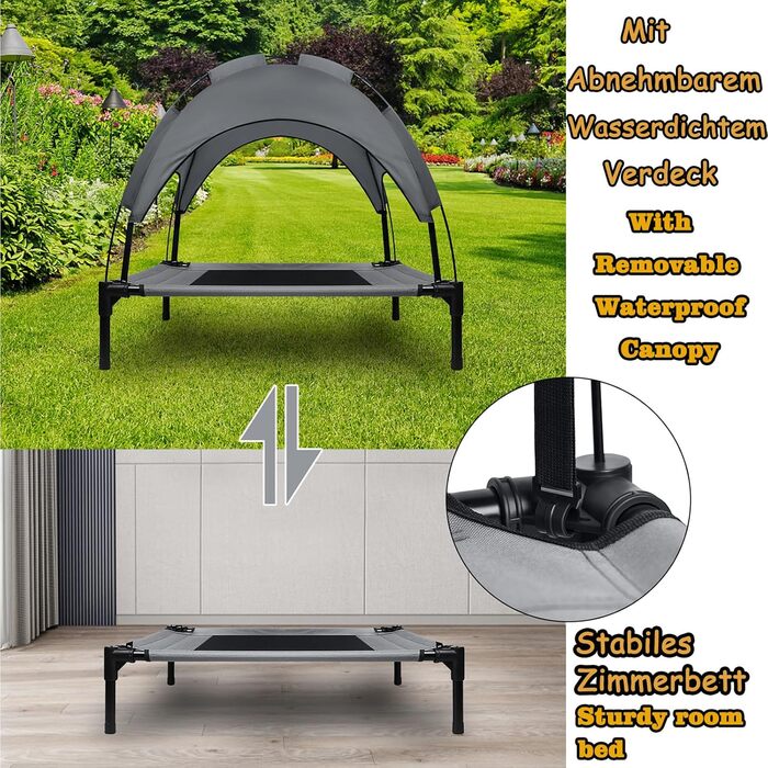 Крісло-ліжко для собак з балдахіном, лежанка для котів та собак, вуличне, для домашніх тварин, софа для собак, місце для сну, підняте, дихаюче, з тканини тафтової, до 40 кг (M, 76x61x76 см)