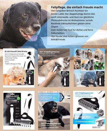 Щітка для собак та котів - двостороння щітка для видалення підшерстка та вичісування, 17/9 зубців, ручка Pinguin, для довгої та короткої шерсті, м'який догляд за шерстю та видалення підшерстка