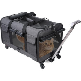 Транспортна сумка для котів PETCUTE з колесами, дихаюча переноска для 2 котів, складана переноска для собак з телескопічною ручкою, знімний килимок, ідеальна для подорожей, темно-сіра