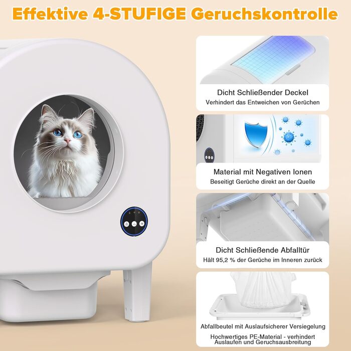 Автоматичний лоток для котів з камерою, 90л, самоочисний, для кількох котів, без запаху, з датчиками, керування через додаток, захист від защемлення