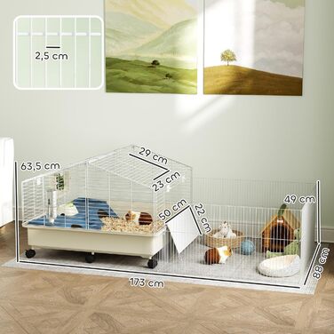 Клітка для дрібних тварин PawHut з вольєром, клітка для кроликів, клітка для дрібних тварин з пляшкою для води, годівницею для сіна, рампою, коліщатками. Підходить для морських свинок та їжаків. Білий колір.