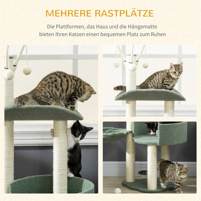 PawHut Cat Tree 123H см Лазильне дерево з кошиком і м'ячем, сизалева колона, ДСП, зелений + кремовий білий| Аосом