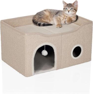 Кігтечка-будиночок для котів PAWY з подушкою, бежева, 40x40x44 см