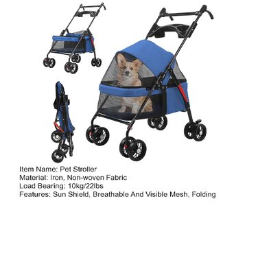 Складана візок для тварин до 10 кг з амортизаторами 360° та сонцезахистом - Легкий вигулювач для котів/маленьких собак (Чорний/Синій)