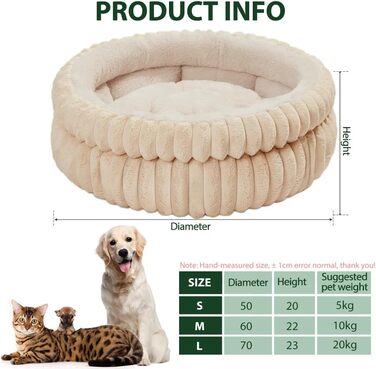 М'яке ліжко для котів та собак, 50 x 50 x 18 см, кремового кольору, ODIWEN