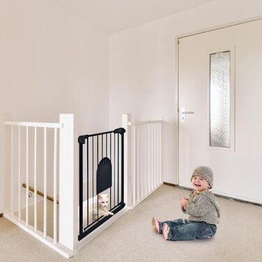 Захист для воріт SUBTLETY з дверцями для котів, автоматичне закриття, захист для сходів, захист для собак та дітей без свердління, розширюваний, чорний (75-85 см)