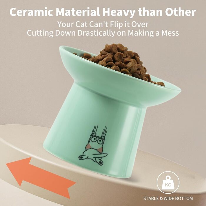 Керамічна миска для котів OMAYKEY з широким дном, 16,5 см, піднята миска для їжі та води, широка, плоска миска для котячого корму, захист від чутливості вусів, втоми, підтримка хребта, зелено-білий колір