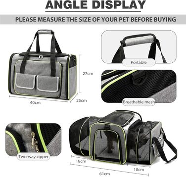 Транспортна сумка для кота PETCUTE, розширювана, з м'яким флісовим ліжком, 2 сторони відкривання, вентильована, з бічними кишенями, схвалена для перевезень авіакомпаніями (S, сірий)