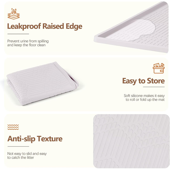 Килимок для котячого туалету Bartuke з іграшкою-м'ячиком, 86 x 56 см, силіконовий, контролює розсипання, м'який для лапок, легко миється (Білий)