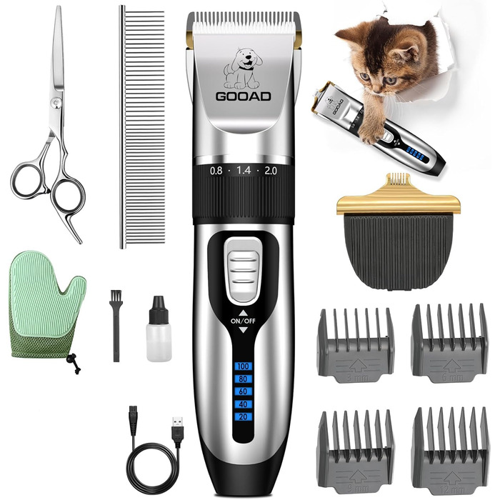 Набір для догляду за котами: бездротовий тример для шерсті, ножиці для грумінгу, тиха модель (сріблястий)