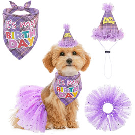 Сукня для собак SCENEREAL на весілля: комплект з банданою, комірцем та короною. Костюм для дівчаток, цуценят, кошенят, середніх та великих собак. Білий колір (Весільний) з фіолетовим клітинкою (для дня народження).