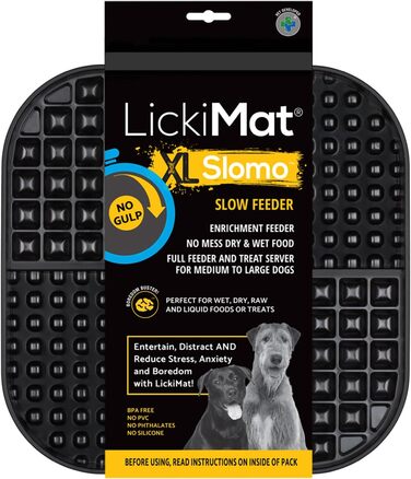 LickiMat Slomo XL – повільна годівниця для собак, велика, підходить для сухого, вологого корму, ласощів та собачого морозива, для середніх та великих порід. Міцний дизайн, чорний колір.