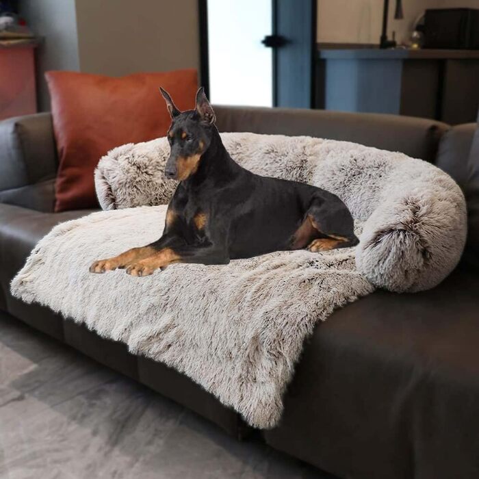 М'яке ліжко для собак Danchen з заспокійливим бордюром, розкішне ліжко-софа, тепле та м'яке, для котів та собак, захист меблів, неслизьке дно, прання, розмір L (90x80x13 см), колір кавовий