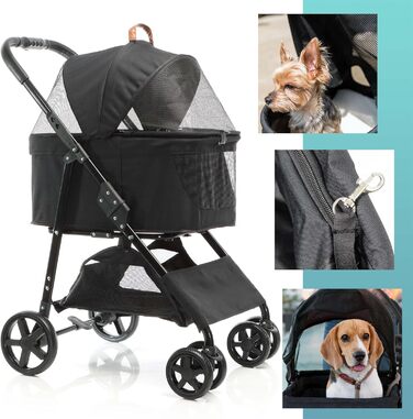 Візок для собак Fudajo 2в1, чорний, складна конструкція, з сумкою для тварин, до 20 кг, для собак та котів