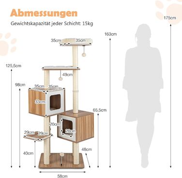 Дерев'яний кігтеточки COSTWAY 163 см, 6-ярусний, з 2 печерами, 2 килимками та 3 іграшками, для котів, бежевий+натуральний колір