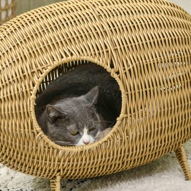 Будиночок-ліжко для котів PawHut із штучного ротангу, з м'якою подушкою, 55x36x42 см, бежевий