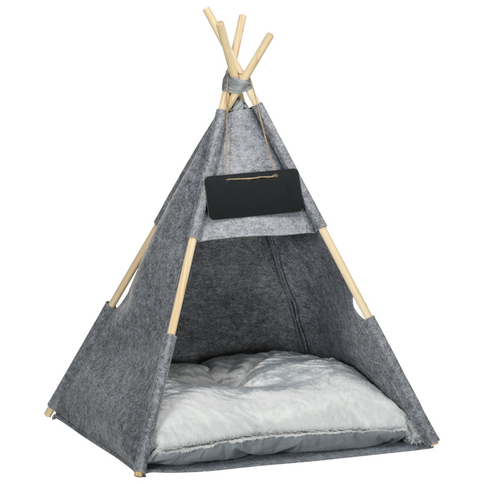 PawHut Pet Tent Cat House & Dog Tent з м'якою подушкою з плюшу та фетру, можна прати в пральній машині, сірий 58x58x80 см