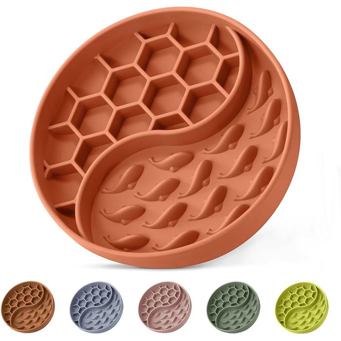 Повільний годівник для собак, силіконовий набір з присосками, антиковзаюча миска, уповільнює швидкість їжі, зменшує тривогу та додає задоволення (Світло-зелений), (Оранжево-червоний візерунок 'Сонце' )