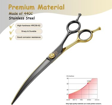 Професійна вигнута ножиця для грумінгу собак, з декоративним гвинтом, гостра та довговічна, японська сталь 440C, безпечна закруглена кінчик, 19,1 см, чорний та золотий колір