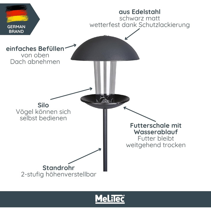 Годівниця для птахів MeLiTec VH04: годівниця-сило для диких птахів з нержавіючої сталі, чорна матова, для саду