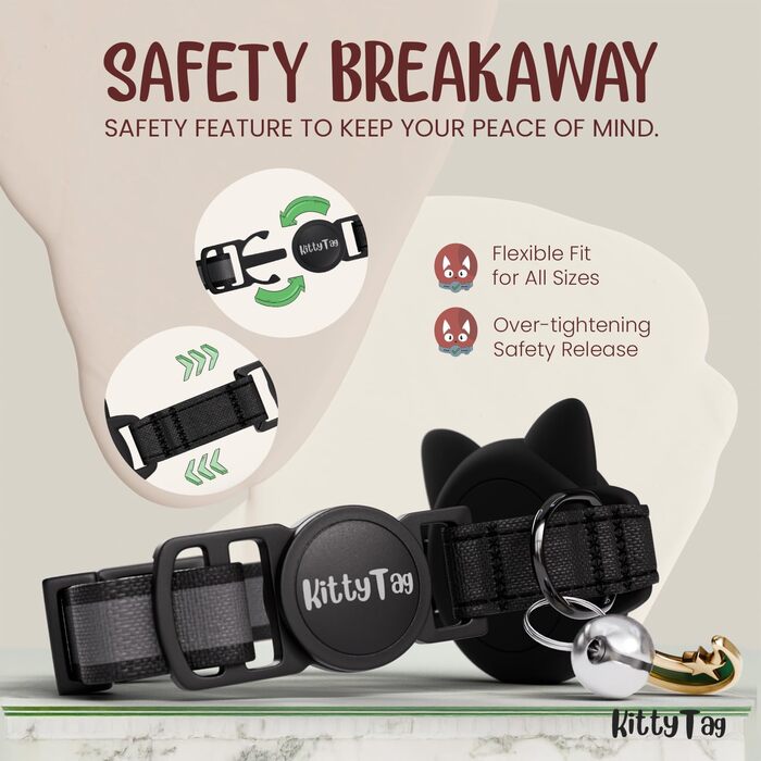 Нашийник для кота KittyTag з аксесуарами, сумісний з Apple Airtag, світловідбиваючий та світовий, GPS, захист від задушення, регульований (Чорний)