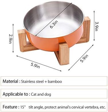 Миска для кормів домашніх тварин La La Pet, годівниця для собак та котів, нержавіюча сталь, бамбук, помаранчевий колір, одиночна миска