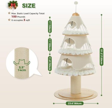 Ігровий комплекс для котів PAWZ Road Weihnachtskatzenbaum, 130 см, котяче дерево з сизалевою дряпочкою та 3 великими будиночками, білий