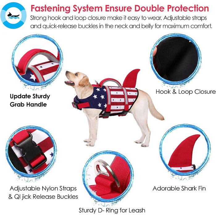 Жилет для плавання для собак AOFITEE, модель 'Акула', великий розмір, висока якість, з ручкою для порятунку та світловідбиваючими смугами, для купання та катання на човні, блакитний, розмір X-Small, блакитна зірка