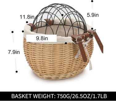 Кошик для велосипеда для собак з ротангу, 56 x 36 см, з металевою сіткою - кошик для тварин на багажник велосипеда
