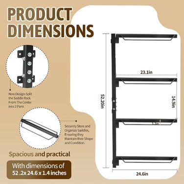 Стійка для сідел TOPTGO з 4 рівнями, настінна, для зберігання західних та англійських сідел – міцна сталева стійка, витримує до 136 кг, для збруї, підкладки, аксесуарів тощо