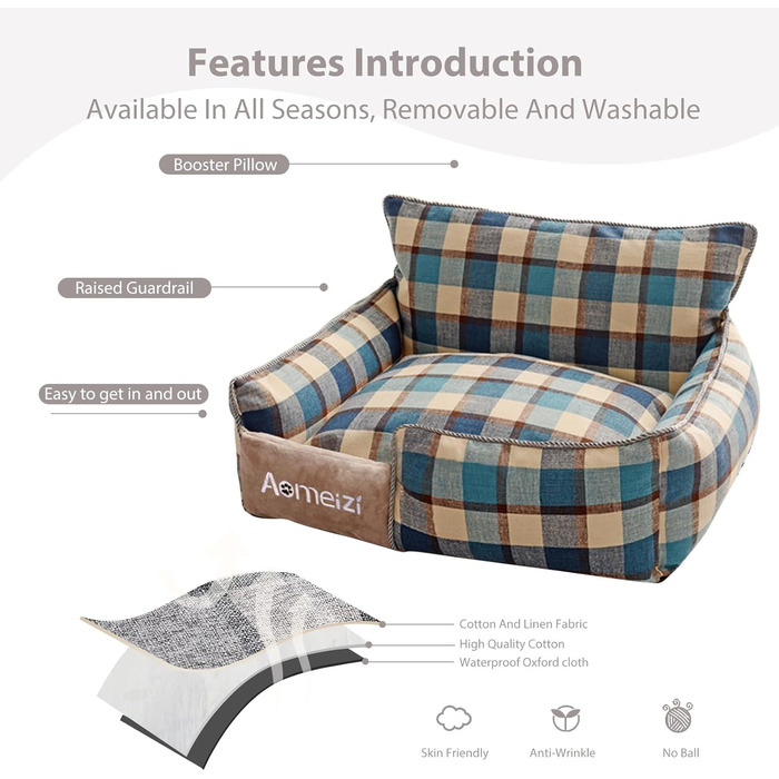 Ортопедичне ліжко для собак середніх та великих порід PETCUTE з знімним, пральним чохлом, антиковзним дном та м'яким диваном, блакитного кольору з підголовником