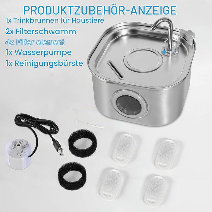 Фонтан-поїлка для котів та собак AQXONG 2.4L/3.2L з LED-підсвіткою, 4-рівневою системою фільтрації та 3 режимами потоку води, квадратний