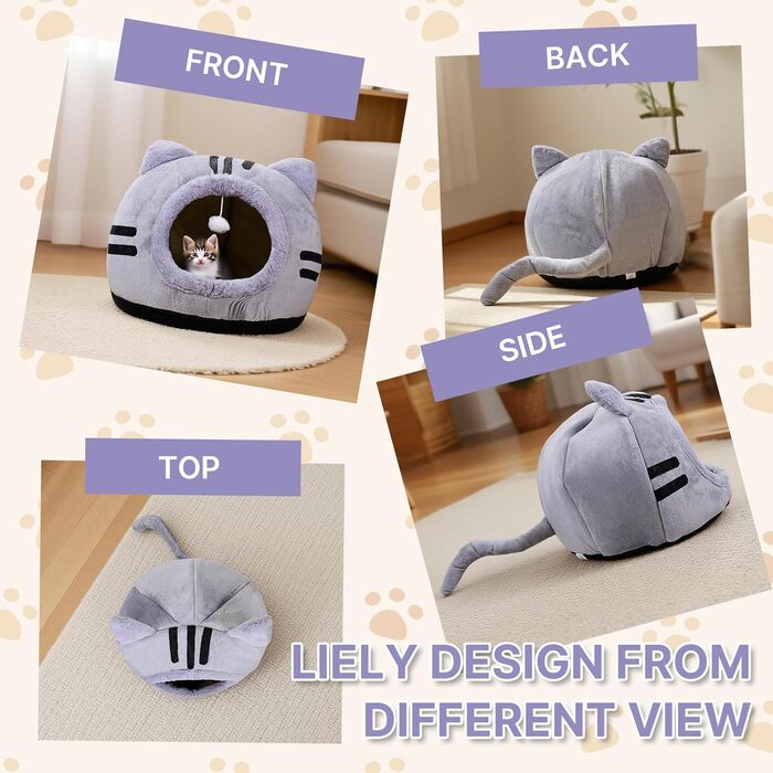 Кішка ліжко для котів, форма кота 40x40x32 см, велика кішка-печера, темно-сірий колір, складне ліжко для котів з пральними подушками, кішка-будиночок для кошенят, маленьких, середніх домашніх тварин, сірий колір