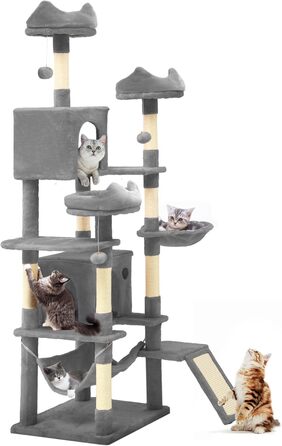 Кігтеточка YITAHOME 190 см, багатоярусна, з сизалю, з пандусом, плюшеві стійки, гамак, просторі будиночки, центр активності для кошенят (сірий)