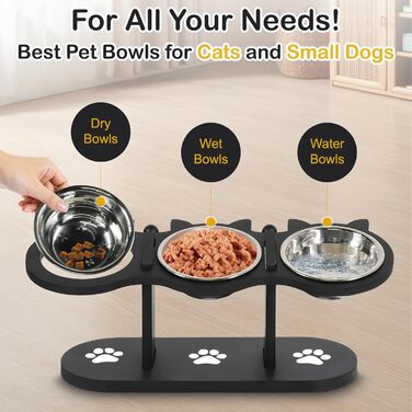 Набір мисок для котів 3 в 1: годівниця, поїлка, підставка. З нержавіючої сталі, з дерев'яною підставкою. Підходить для котів та маленьких собак.