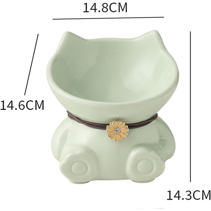 Миска для кота Disoza, піднята, кераміка, зелена, 14.8x14.6x14.3 см, миска у формі кота, для годування, сумісна з посудомийною машиною