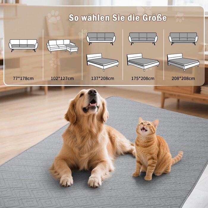 Водонепроникний килимок для собак Gyuro, двосторонній, міцний, для дивану та ліжка, прання допустиме, 208*208 см (Темно-сірий + Світло-сірий)