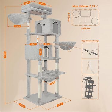 Котячий комплекс LEEJARD XXL: великий дерев'яний будиночок для котів з платформами, стійками для шліфування, будиночком, гамаком, іграшками та захистом від перекидання (180 см, світло-сірий)
