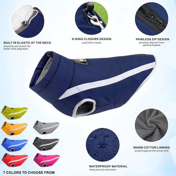 Водонепроникний зимовий дощовик для собак Idepet, тепла куртка, вітронепроникний одяг для собак, куртка для собак з отвором для шлейки -6 (4XL, Navyblau)