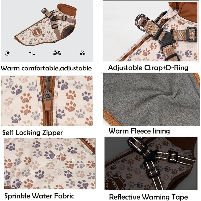 Зимова куртка для собак на шлейці, для маленьких та середніх собак, водонепроникна, регульована, коричнева, розмір L