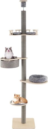 Кігтеточка GOPLUS висока до стелі, 236-271 см, 5 поверхів, з платформами, подушками, гамаком, кігтеточками та захистом від перекидання, сірого кольору