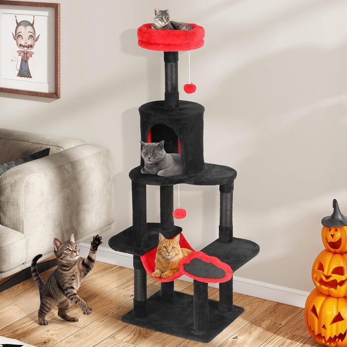 Котячий комплекс YITAHOME XXL, 142 см, з 8 стовпчиків сизалю, 3 платформи, 2 печери, гамак, іграшки, чорно-червоний