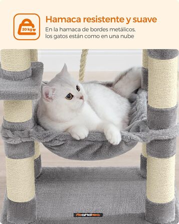 Котячий комплекс Feandrea 112 см, 11 стовпчиків, 2 платформи, будиночок, гамак, іграшки, плюш, багаторівневий, світло-сірий