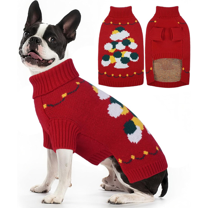 Теплий святковий пуловер для собак, котів, дрібних порід (Даксель, Пудель, Ши-тцу) - зелений (Medium, червоний)