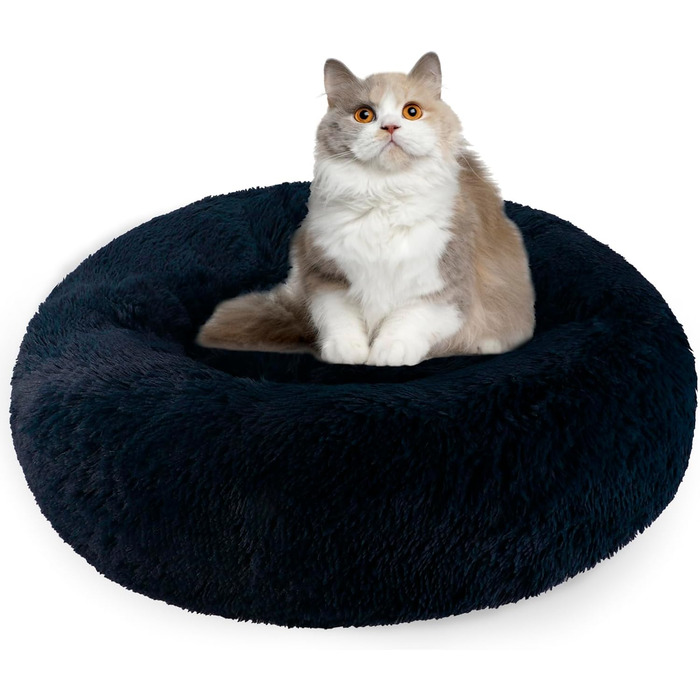 Кішка ліжко Aspand, м'яке, діаметр 60 см - зручне ліжко для котів з неслизьким дном для теплого та затишного сну (60x60x18 см, Темно-синій)