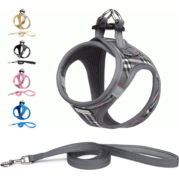 Нашийник для собак маленьких порід з повідком, анти-тягнучий, світловідбиваючий, дихаючий, нагрудник для цуценят (S, обхват грудей: 29-33см) (Сірий в клітинку, XL (обхват грудей: 46-53см, вага: 8-10.5кг))