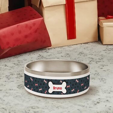 Набір для годування собак PICANOVA з іменем: миска та контейнер для ласощів у різдвяному дизайні. Керамічний набір для собак як подарунок для власників домашніх тварин. Дизайн Candy Bones.